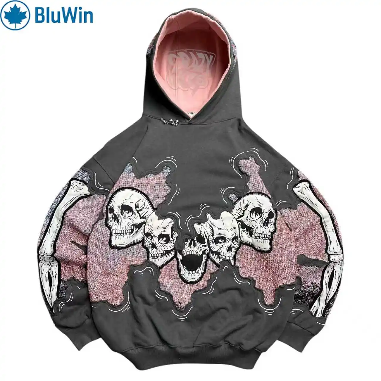 BluWin Y2K Streetwear Skull Print Hoodie for Men Women Oversized Hip Hop Pullover Sweatshirt