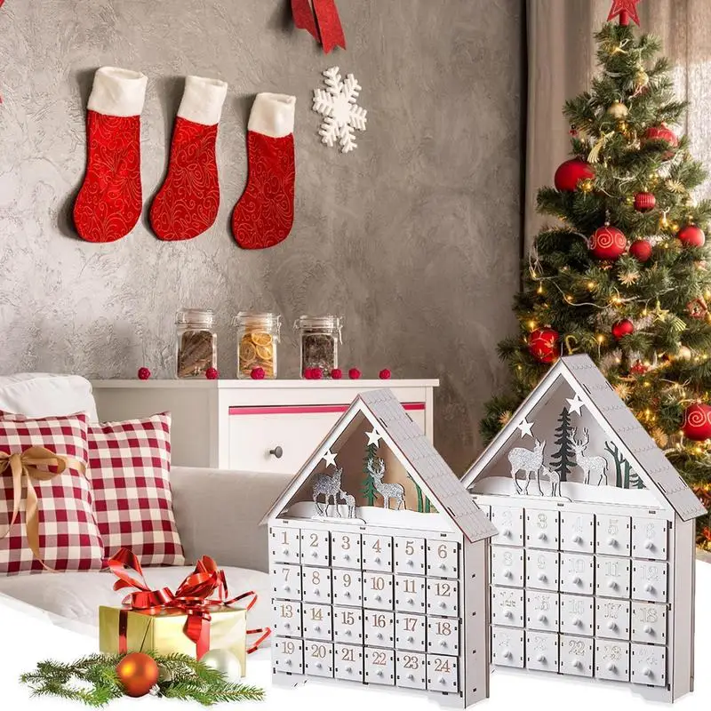 Wooden Christmas Advent Calendar House Shaped 24 Empty Drawers Christmas Countdown Decorations Home Crafts Calendar Ornament