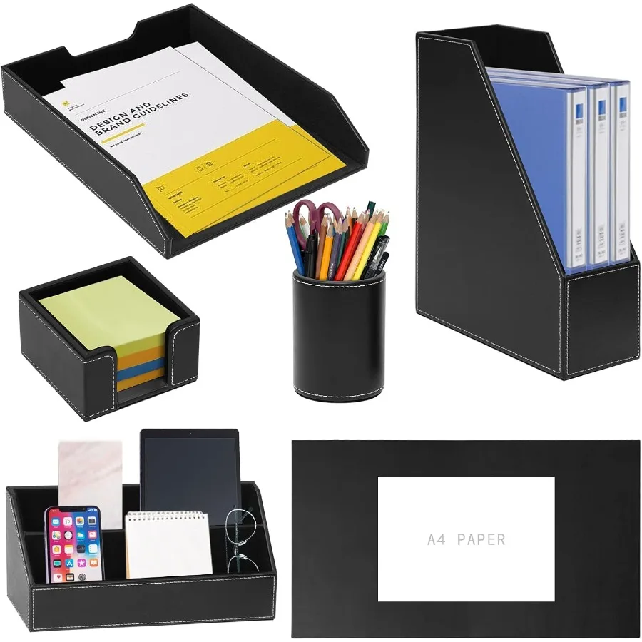 6 Piece Office Supplies Desk Organizer Set with Desktop Leather Writing PadFile Paper Tray Magazine folder Holder Pen Cup Stick