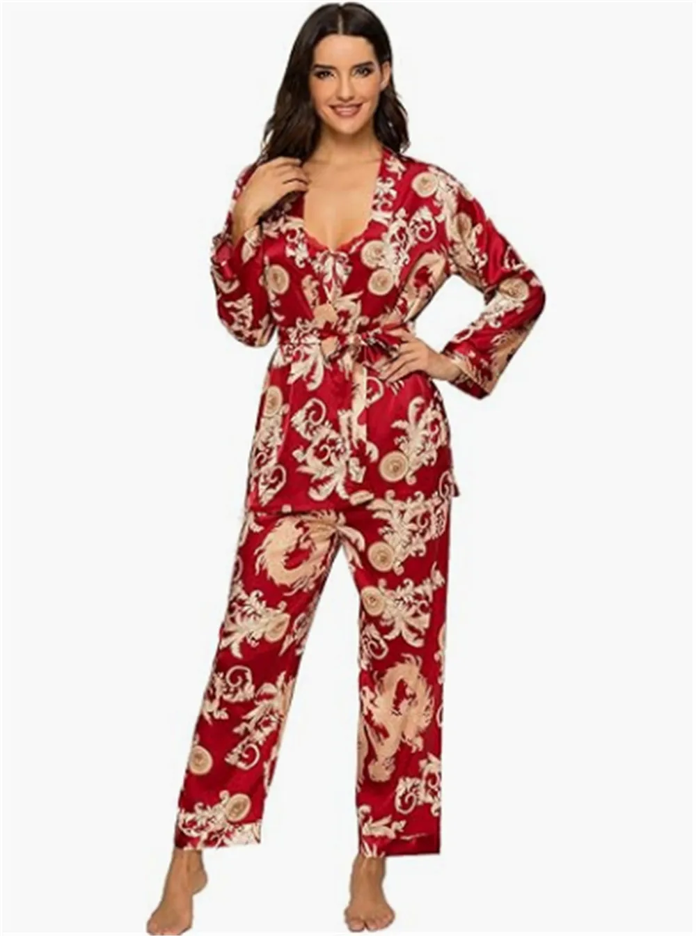 Women\'s Silk Satin Pajamas Set 3 Pcs Dragon Floral Printing Silky Pj Suit Sleepwear Cami Nightwear