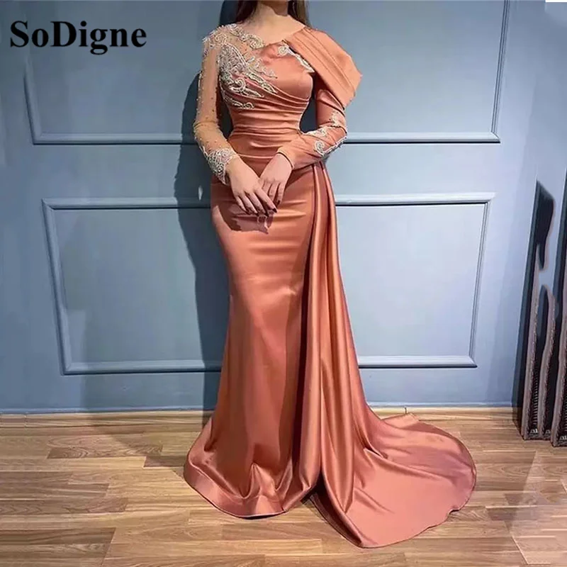 Sodigne dubai sereia árabe vestido de noite para o casamento feminino manga longa frisado apliques elegante formal festa vestido