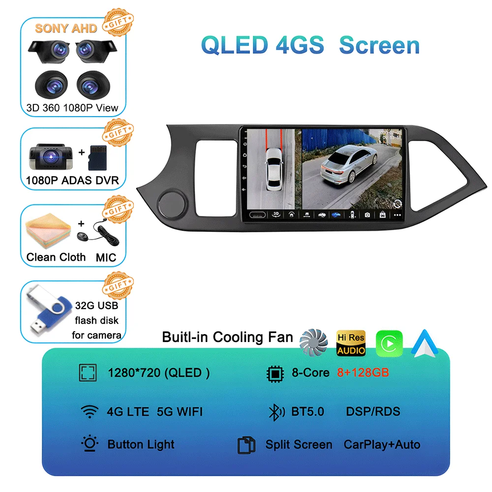 Android 16 Carplay Auto Voor KIA PICANTO Morning 2011 2012 2013 2014 2015 2016 Multimedia Auto Radio Navigatie Speler WIFI + 4G DSP