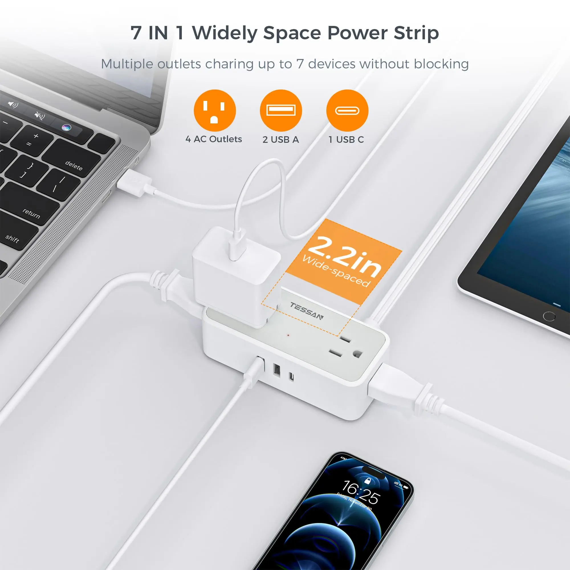 TESSAN Flat Plug Power Strip with 4 AC Outlets & 3 USB(1 USB C)5 ft Ultra Thin Small Extension Cord for Travel, Home, Office