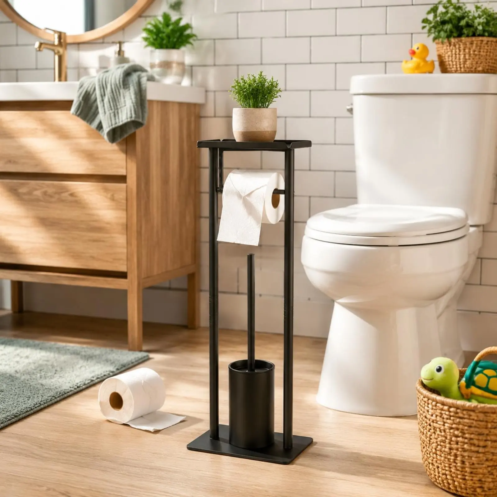 

Bathroom Tissue Holder Stand with Brush Holder Multifunctional Floor Standing Bathroom Tissue Stand Easy to Install Shelf Design