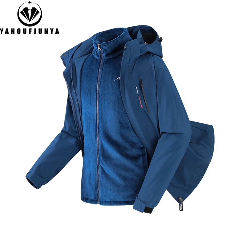 

2024 Autumn Winter Men Thick Warm Windbreak Camping Jacket Hiking Men Triple Removable Hooded Outdoor Travel Jacket Coat Male