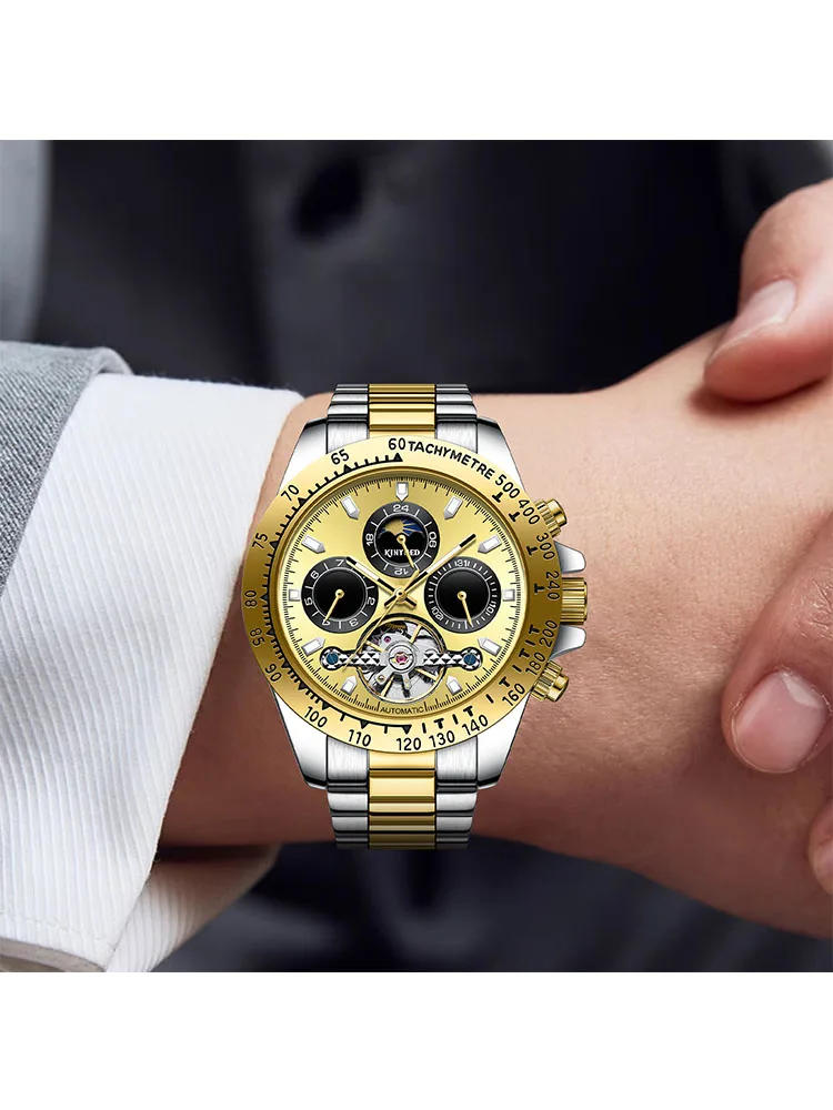 Kinyued New Men Mechanical Automatic Watch For Man Hand Clock Moon Phase Week Month Dispaly Wristwatches Business watches