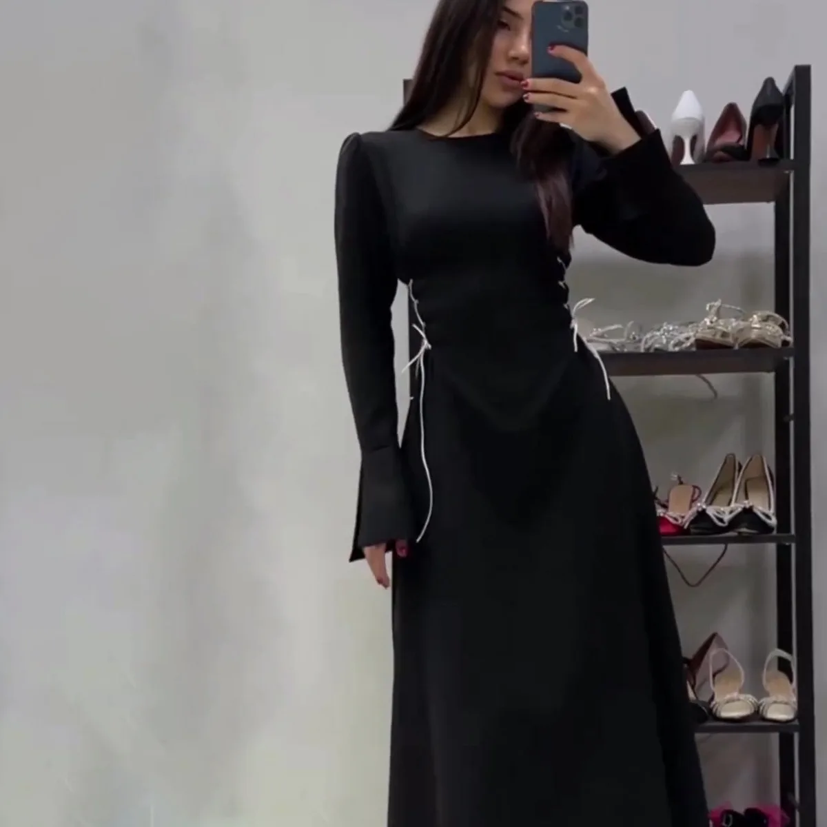 Elegant Lace up Satin Women\'s Dress Muslim Eid Abayas for Women Maxi Dress Middle East Türkiye Islam Modest Kaftan Robe