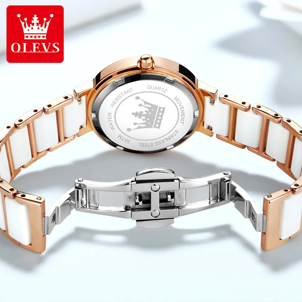 OLEVS Fashion Elegant Women Watch Japan Quartz Movement 30M Waterproof Wristwatch Ceramic Steel Strap Luxury Woman Watches 5877