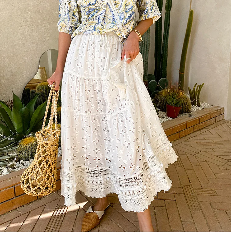 White Floral Embroidery Long Skirt Women Casual Cotton Summer Skirts Vintage Elastic High Waist Boho Beach Lace Falda