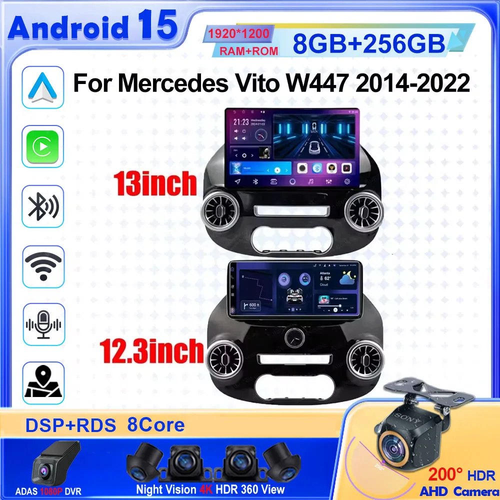 13 Inch Android 15 For Mercedes Vito W447 2014-2022 Car Radio 5G wifi Stereo Multimedia Player GPS Navigation 1920*1200 7862 CPU