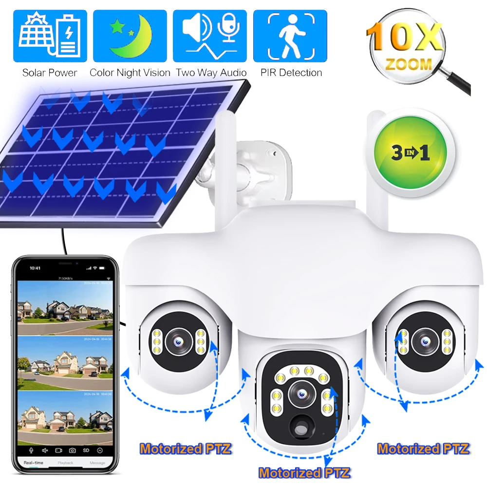 WiFi Outdoor Surveillance Camera 3 in 1 PTZ Cameras Built in Battery Solaire Powered Night Vision Security Protection IP CCTV