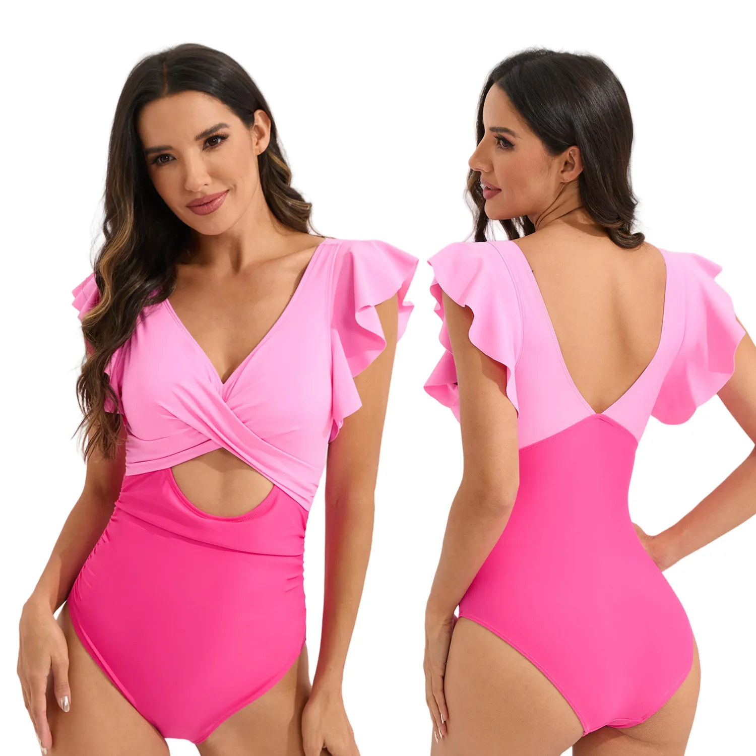 Traje de baño con volantes, traje de baño conservador de una pieza, pecho cruzado, hueco, traje de baño europeo y americano, bloqueado de color, sin espalda sw