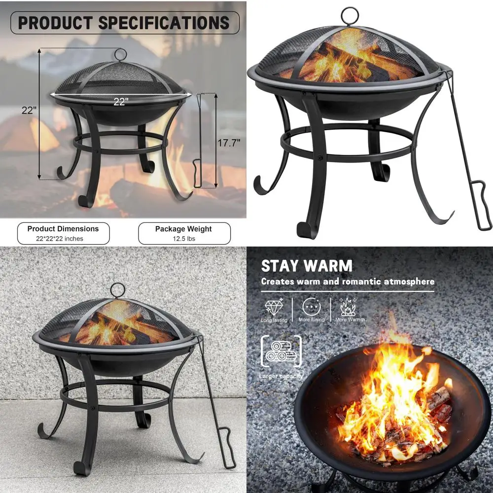 

Портативный уличный очаг с сетчатой крышкой, решеткой для дров и кочергой для костра для заднего двора, террасы, кемпинга и пикников