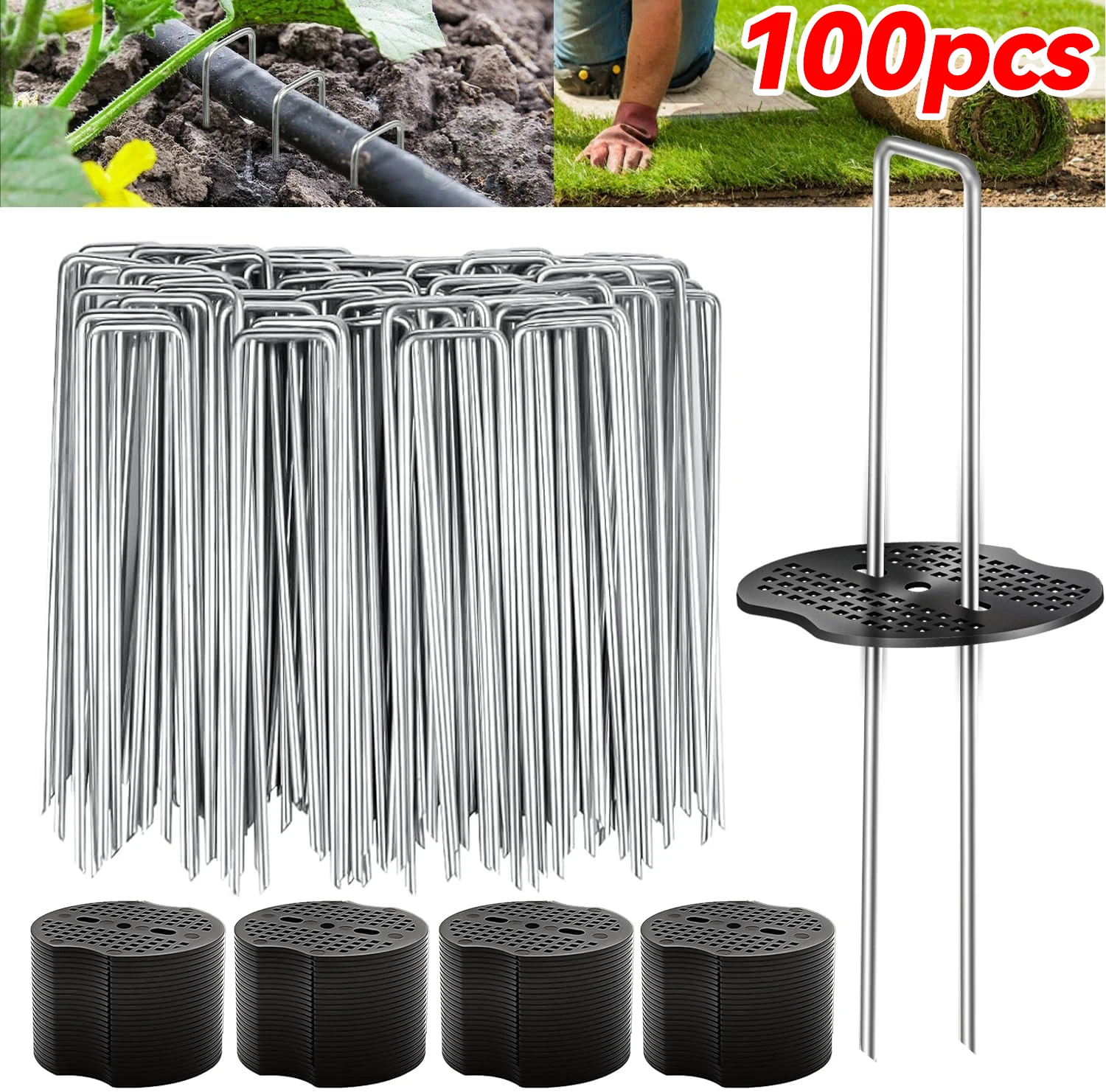 100-400Pcs U-Shaped Garden Ground Pegs with Buffer Washers, Stakes for Weed Landscape Fabric Netting Lawn Securing Pins