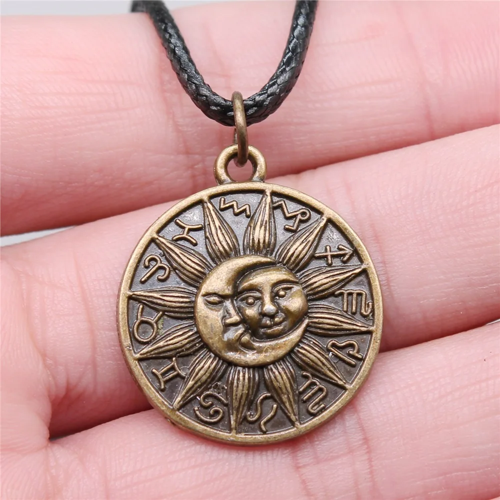 Retro Vintage Unisex 2 Colors 28x25mm Moon And Sun Zodiac Pendant Faux Black Leather Rope Chain Necklace