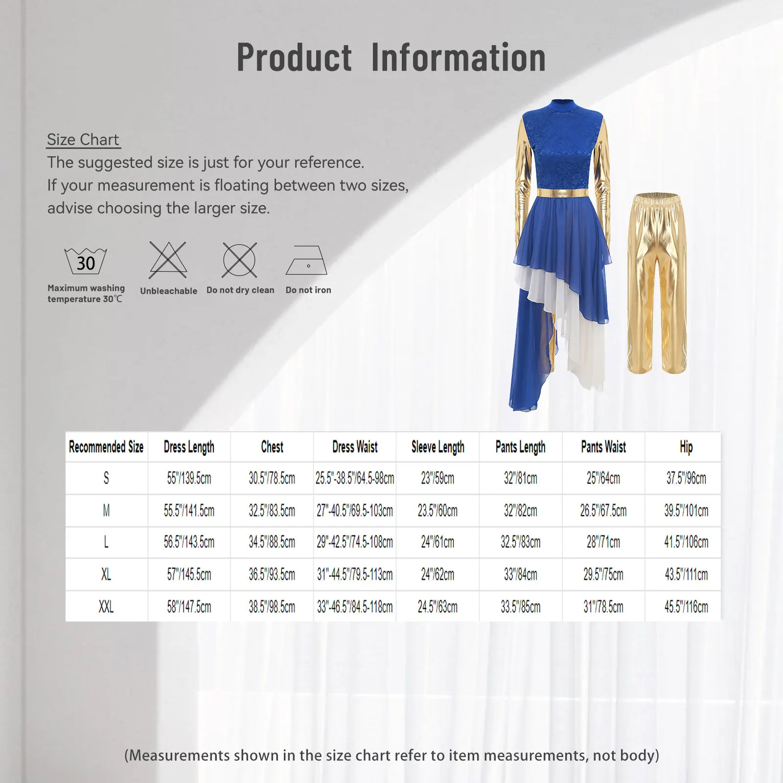 여자 liturgical 칭찬 댄스 복장 긴 소매 레이스 패치 워크 불규칙한 밑단 드레스 + 메탈릭 바지 교회 공연 댄스웨어