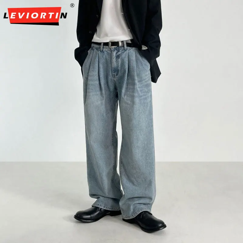 

2024 New Summer Retro Washed Jeans Men's Loose Pants Zipper Casual Solid Color Korean Trendy Straight Leg Wide Leg Pants M-2XL