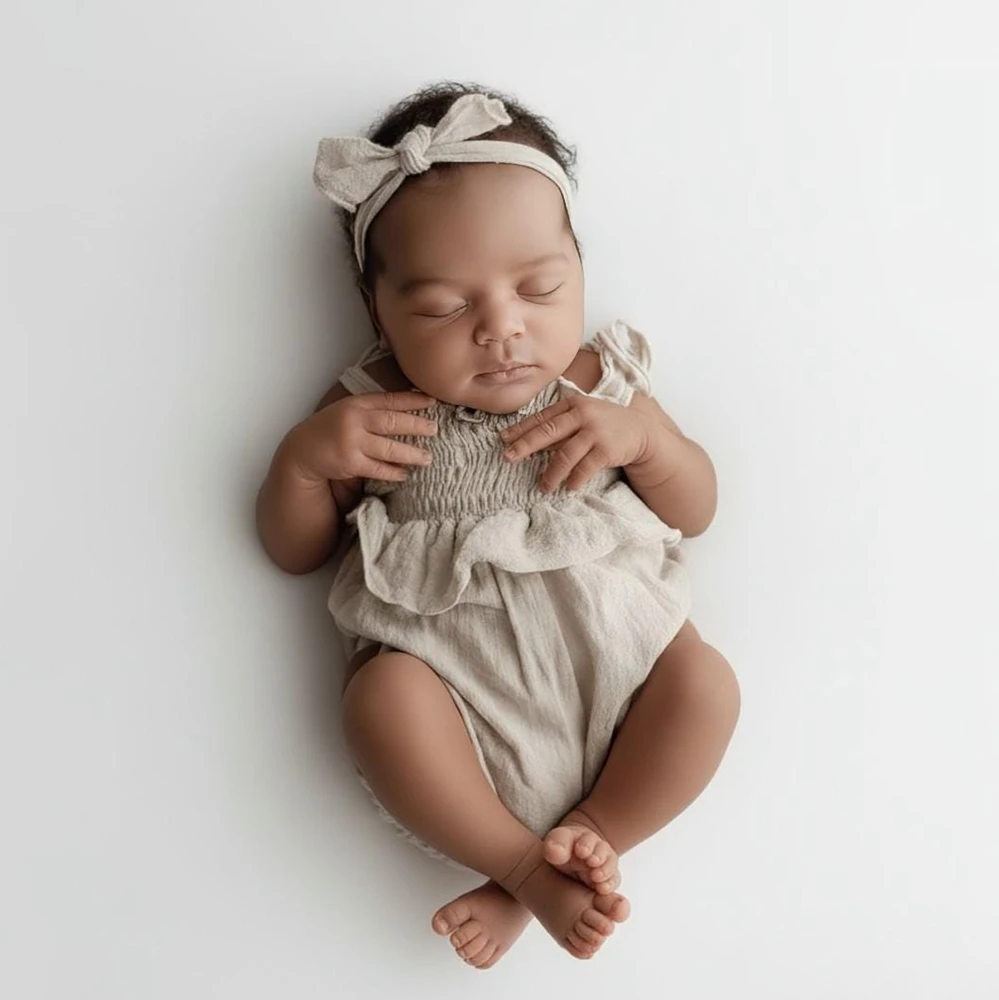 newborn-photography-props-baby-girl-yellow-linen-cotton-off-shoulder-ruffle-tie-strap-romper-soft-infant-photo-shoot-outfit