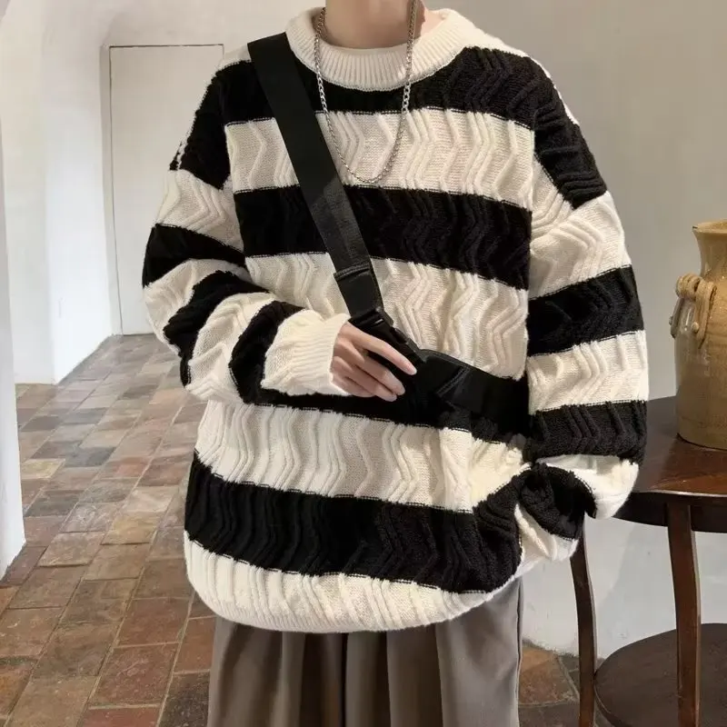 Loose Striped Knitted Sweater for Boys Students Casual Autumn Winter Faion Polyester Fiber Long Sve round Ne Top