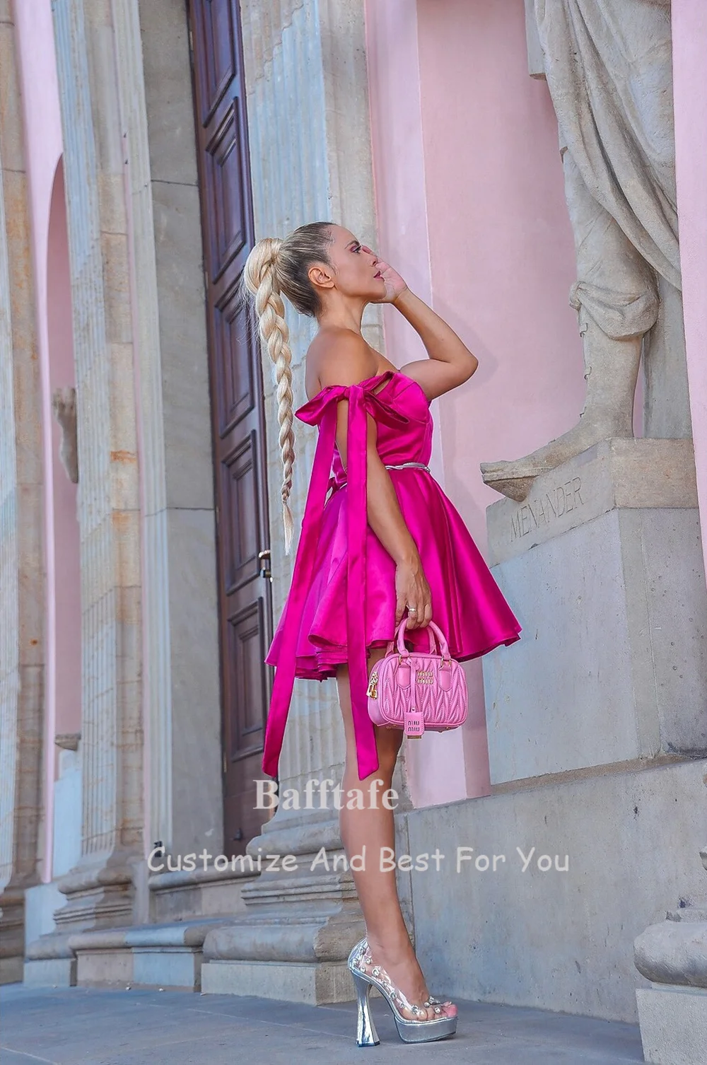 Bafftafe Fuchsia Satin Prom Party Dresses Off The Shoulder A Line Mini Formal Homecoming Gowns Night Club Dress Customized