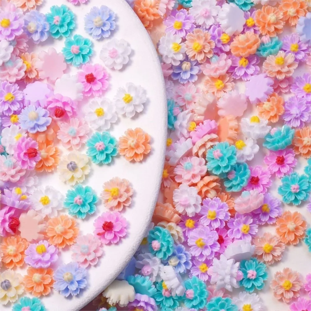 50pcs Colorful Daisy Flower Nail Charms 11mm Double Layer Petal Floral Nail Rhinestones 11mm Resin Flatback Flower Nail Decora