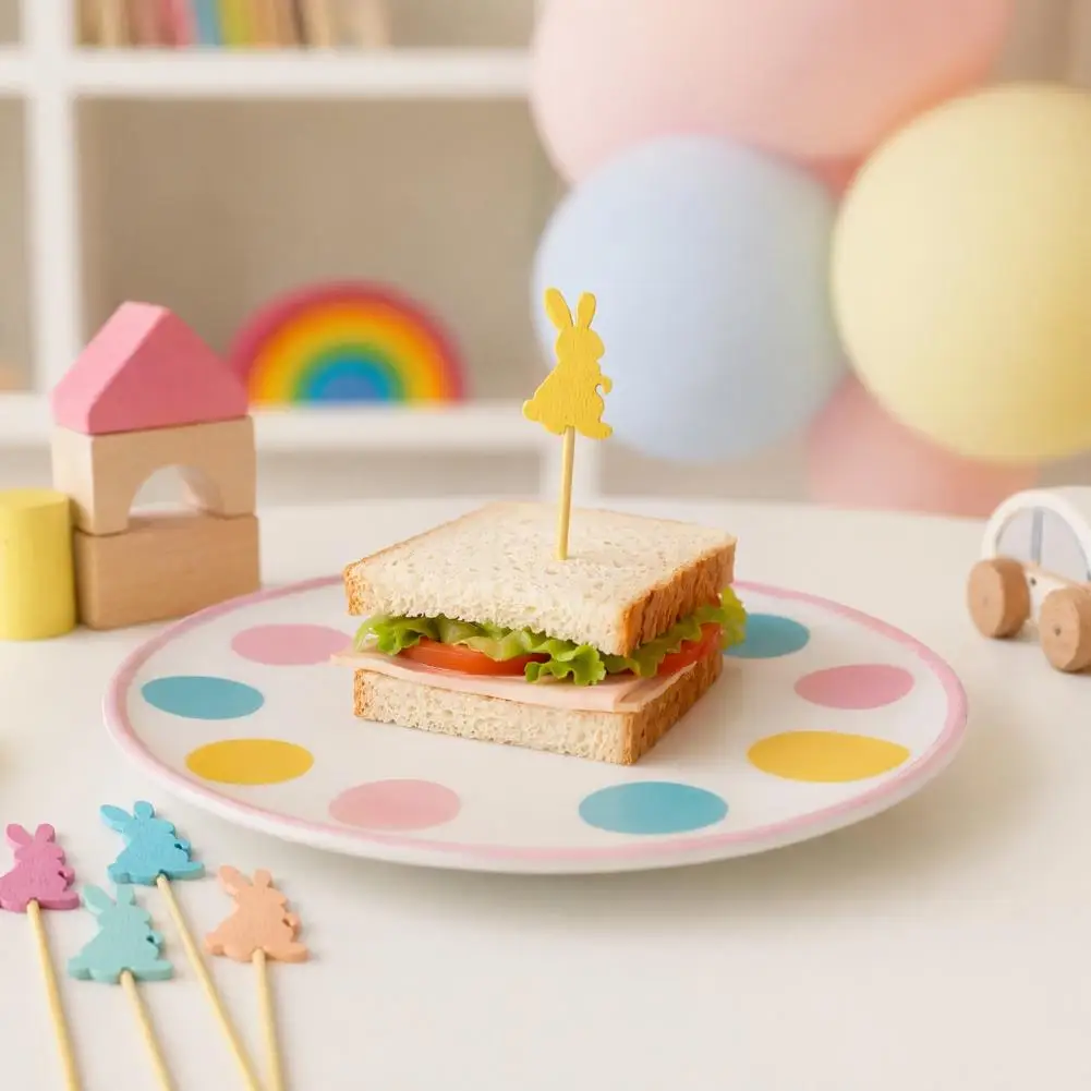 Multi-color Bamboo Skewers 100pcs Bamboo Fruit Tags Easter Bunny Cocktail Picks Multi-color Disposable Skewers for Fruits