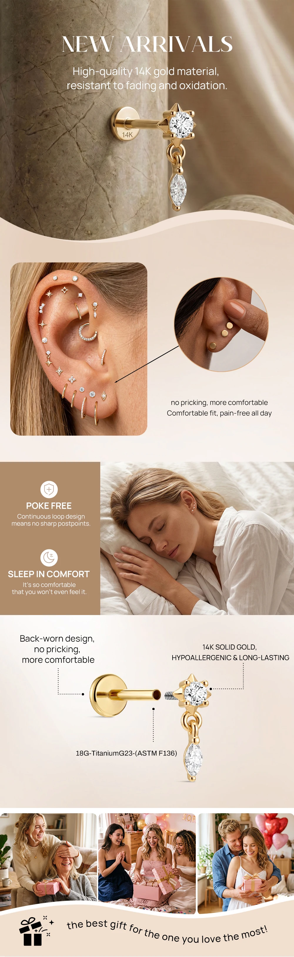 AIDE Mini-Piercing-Ohrringe aus 14-karätigem massivem Gold, glänzend, Herz-/rund-/sternförmig, für Damen, in verschiedenen Größen, klassischer Hochzeits- und Brautschmuck, luxuriöser Schmuck – Detail 28