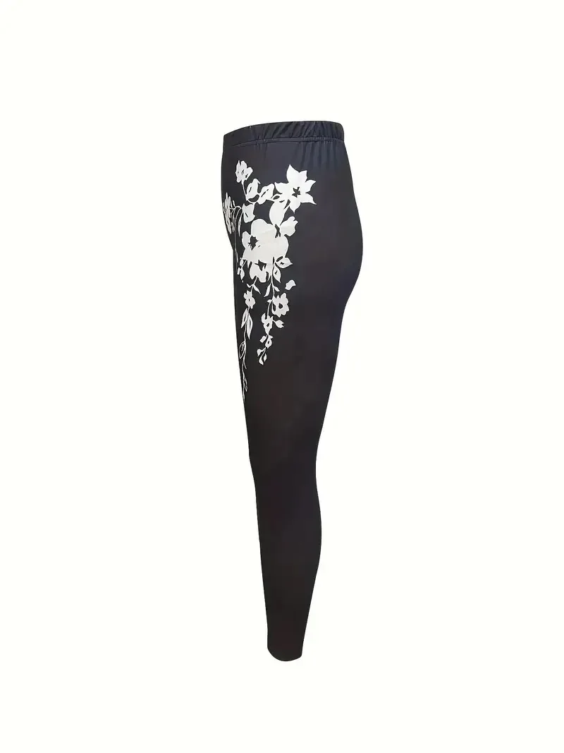 Flower print tight stretch elastic waist casual leggings for women spring and summer wear