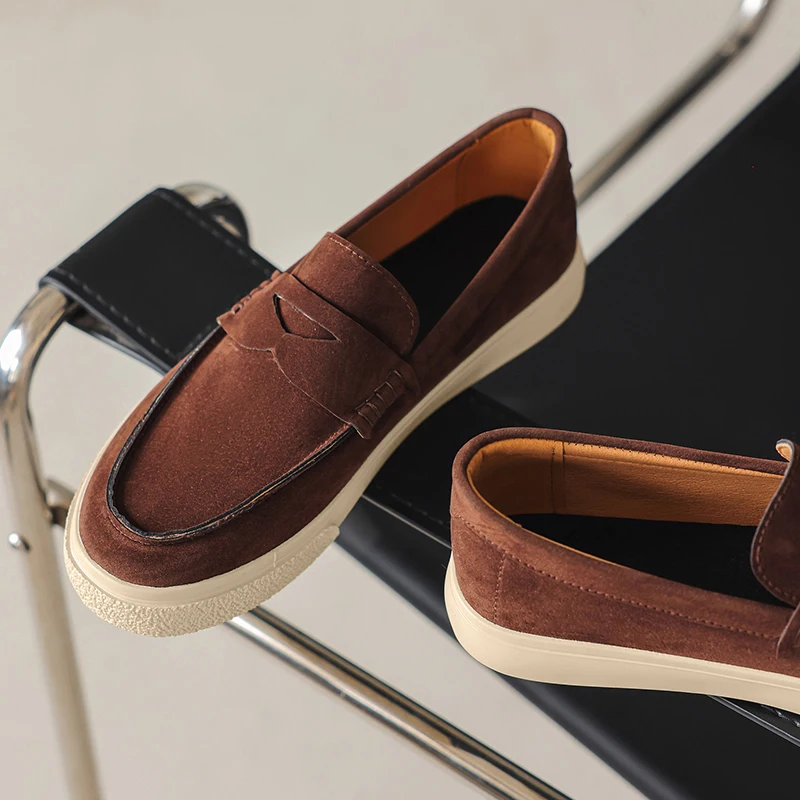 

Классические мужские лоферы в британском стиле, однотонные замшевые противоскользящие износостойкие прогулочные туфли на плоской подошве с квадратным носком в стиле ретро, удобные