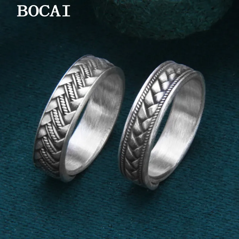 

BOCAI NEW S999 Sterling Silver Vintage Personalized Frosted Matte Woven Adjustable Opening Ring Gift For Men and Women