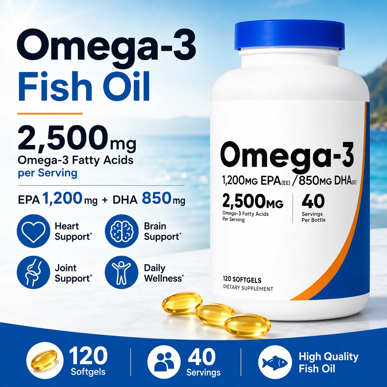 

Omega-3 Fish Oil 2500mg Softgels with EPA 1200mg & DHA 850mg, High Potency Daily Wellness Support, Non-GMO, 120 Count