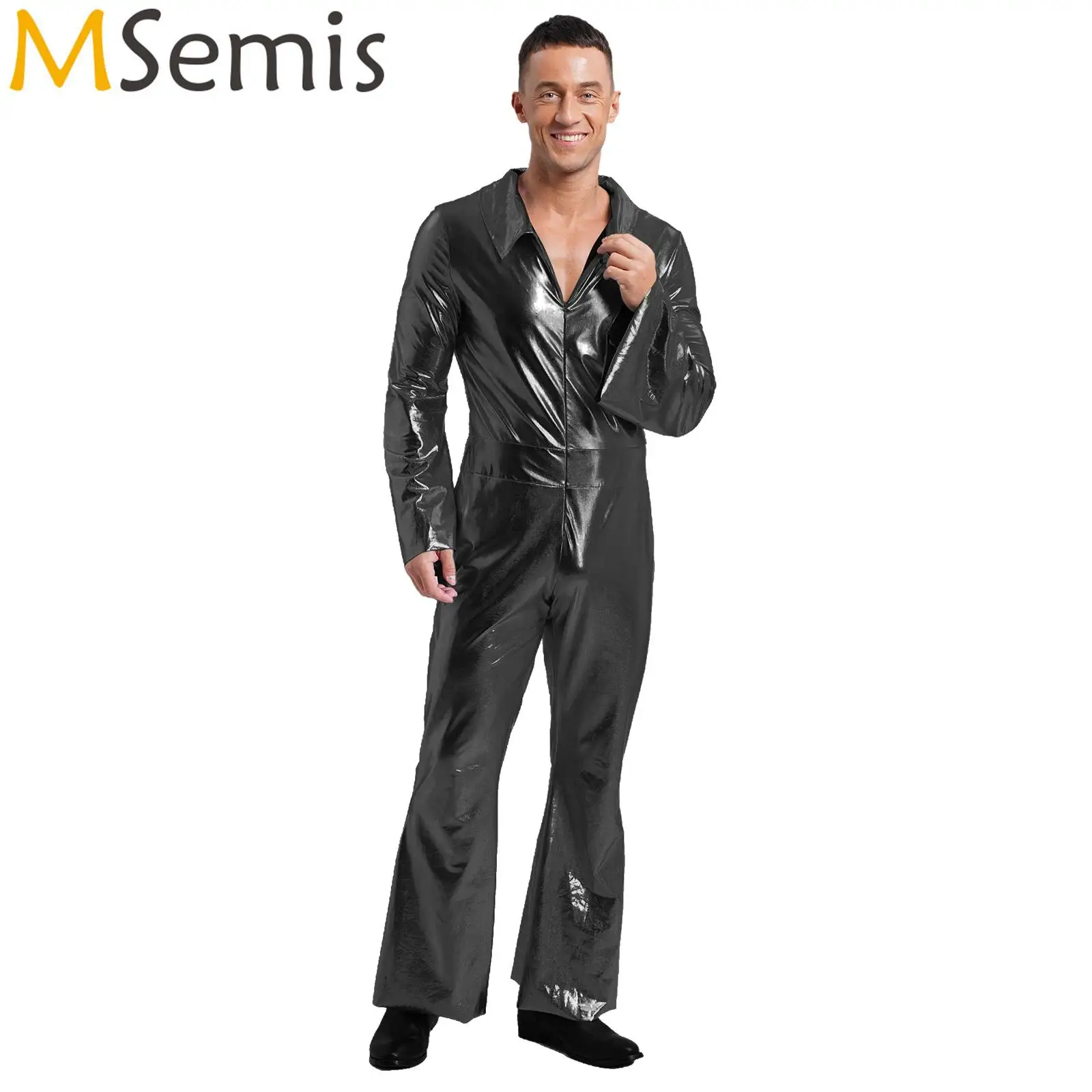 

Mens 70s 80S Disco Hippie Party Jazz Dancewear Metallic Shiny Jumpsuit Lapel Flare Sleeve Front Zipper Wide Leg Pants Rompers