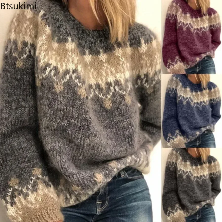 

2024 Autumn Winter Knitted Jacquard Sweaters for Women Cozy Soft Mohair Long Sleeve O-neck Pullovers Ladies Warm Sweater Jumpers