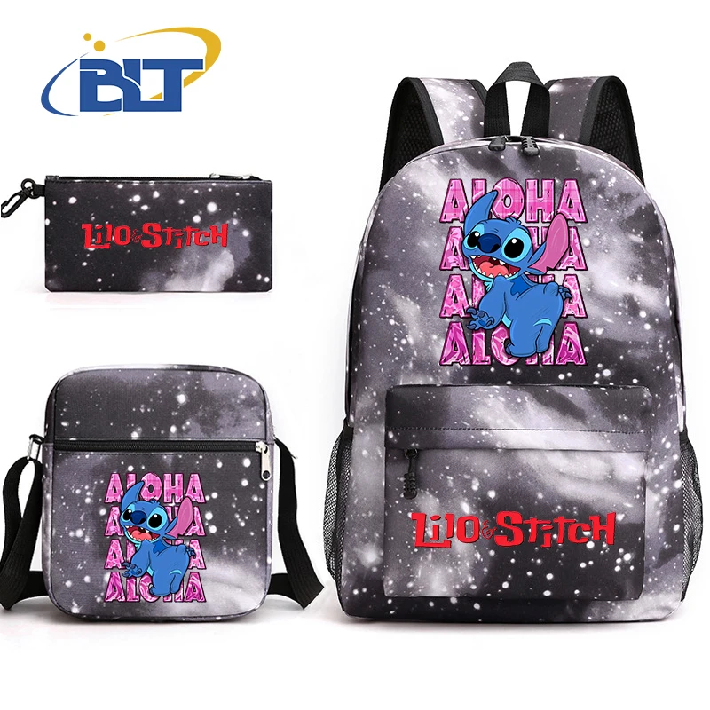 Ransel kasual anak laki-laki dan perempuan, Set ransel pelajar motif Stitch lucu, tas bahu pensil 3 potong untuk anak laki-laki dan perempuan