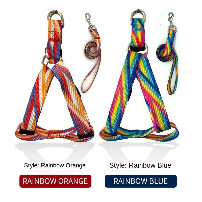 New Nylon Rainbow Stripe Set Small Dog Cat Harness Leash Adjustable Vest Collar Puppy Outdoor Walking Small Medium-sized Dog