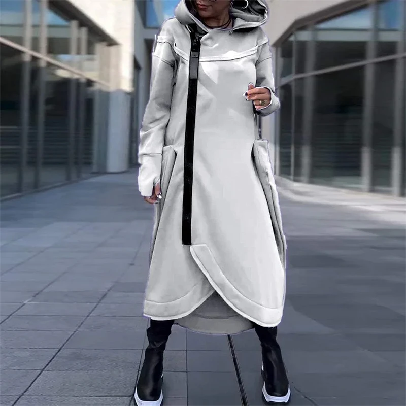 Y2K Style Casual Side Zipper Hoodies Cardigan Dress Women Autumn Solid Irregular Long Dress Winter Long Sleeve Pocket Maxi Dress