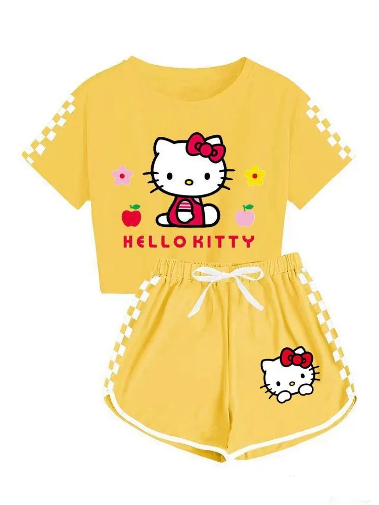 Sanrio Cartoon Shirts Shorts Set Cinnamoroll Hello Kitty Soft pigiama Set manica corta tuta da palestra abbigliamento sportivo estivo regalo per ragazze