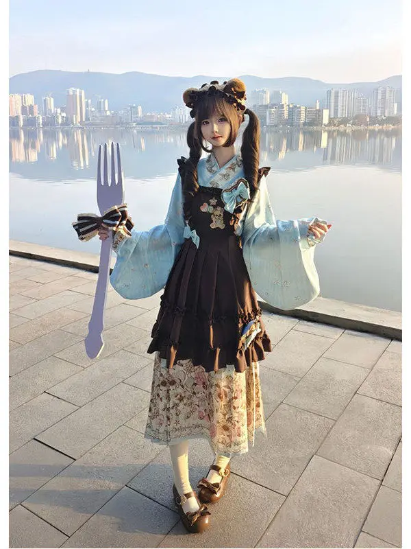 

Sweet Cute Bear Embroidered Thin Lovely Lolita Skirt Hanfu Set with Collar Design Spring 2026 Ladies Fashion