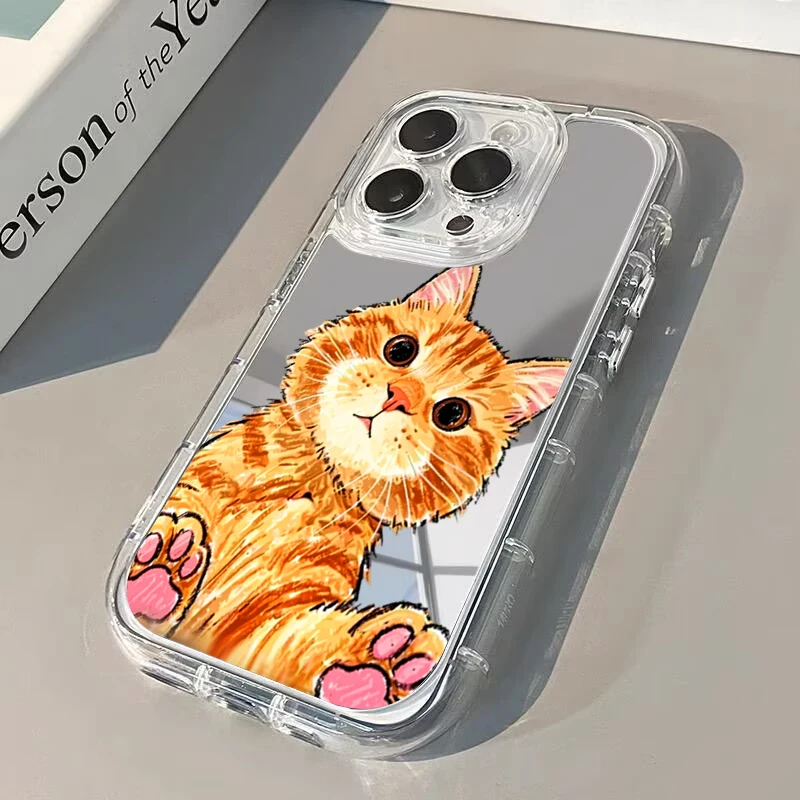 Coque de téléphone miroir antichoc motif chat orange mignon de dessin animé pour iPhone 11 12 13 14 15 16 17 Pro Max 7 8 Plus XR X XS 16E 17E