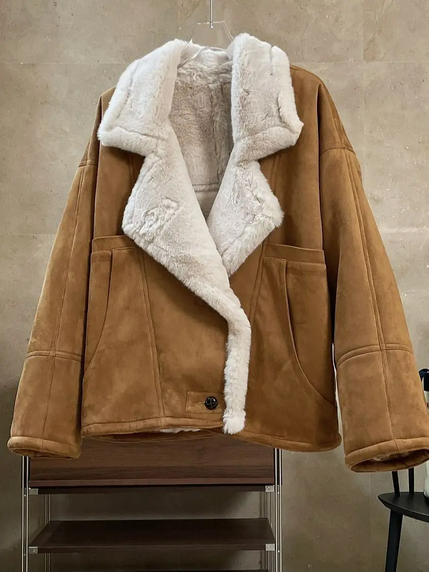 HanOrange-Manteau en fausse fourrure pour femme, veste une pièce, optique chaude, vêtements d\'extérieur ingent vintage, initié à la chute, hiver 2024