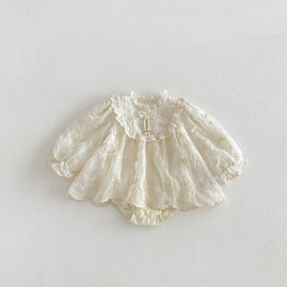Princess Baby Girl Dress Romper 0-2Years Cute Newborn Solid Color Bow Embroidery Lace Skirted Bodysuit Birthday Party Clothes