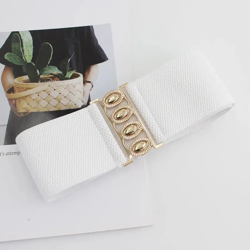 حزام نسائي موضة غطاء خصر مرن مشبك ذهبي إغلاق خصر مرن حزام عريض متعدد الاستخدامات يقترن معطف على شكل ثوب أحزمة للسيدات