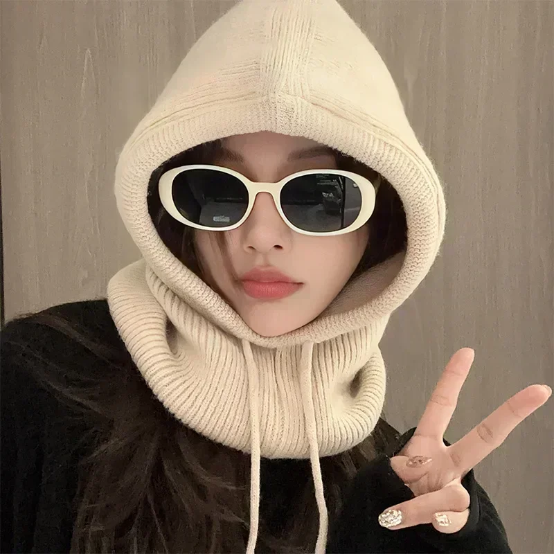 Winter Balaclava Hat Neck Thicken Warm Knitted Wool Pullover Hat Korean Women Cotton Ear Protection Pullover Hat Cap Accessories