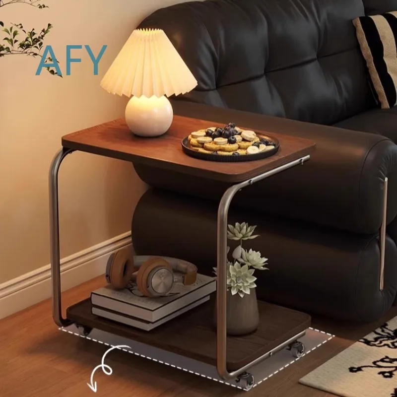 Heavy Steel Side Table Double-Layer Rolling Cart Retro Sofa End Stand with Guarded Edge Bedside Cabinet for Small Spaces for