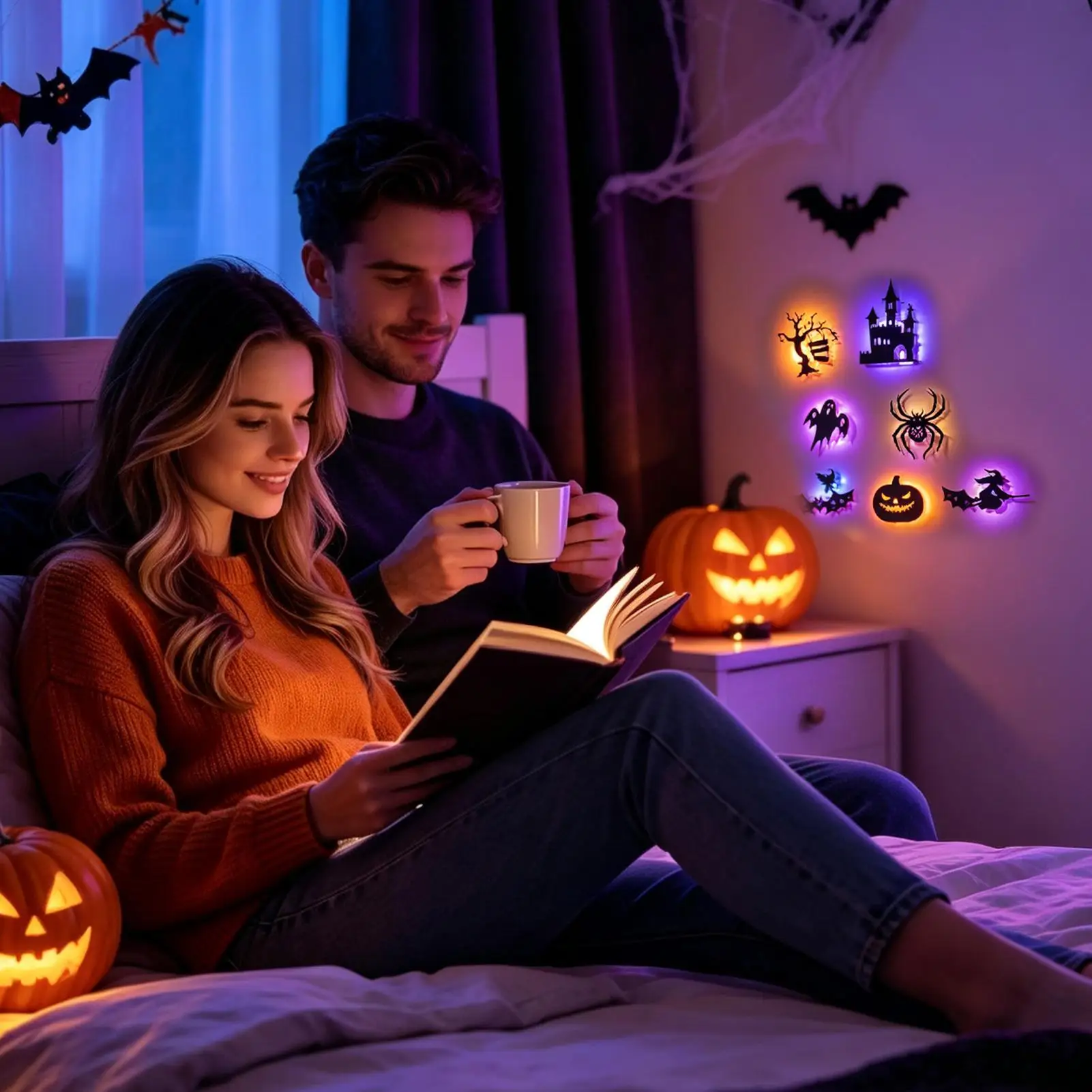 Halloween Wall Clings 8 Pieces Light Up Battery Operated Spooky Scary Wall Stickers Halloween Decorations for Home Bedroom
