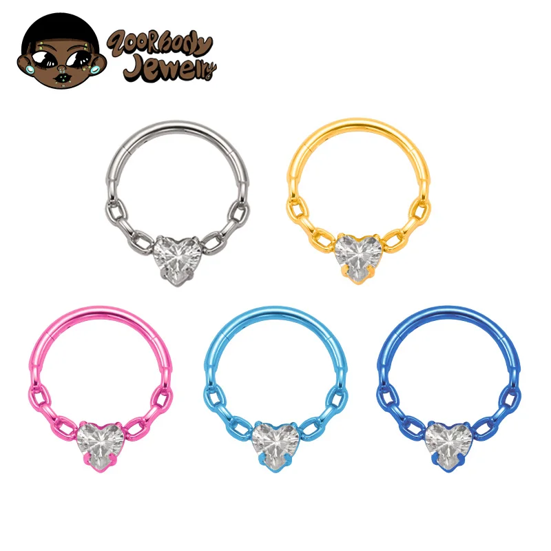 ASTM F136 TItanium with Heart CZ Nose Rings Piercing Punk 16g Septum Hinged Clicker Ear Cartilage Tragus Helix Earring Anodizing