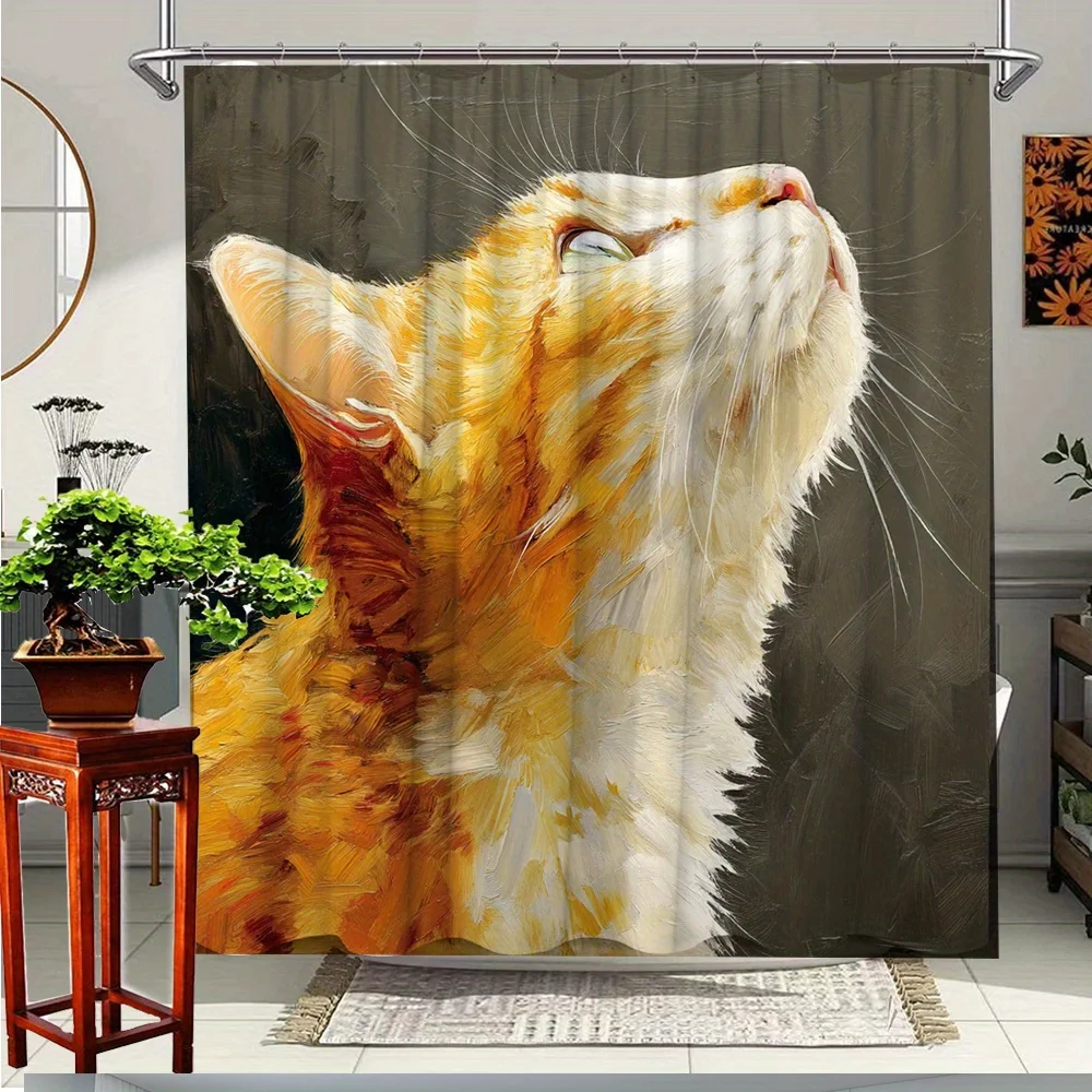 

1 шт., занавеска для душа с картиной маслом кота-яркий декор для ванной комнаты Feline Art, прочная полиэфирная ткань с 12 крючками, 70,8x70,8 дюйма