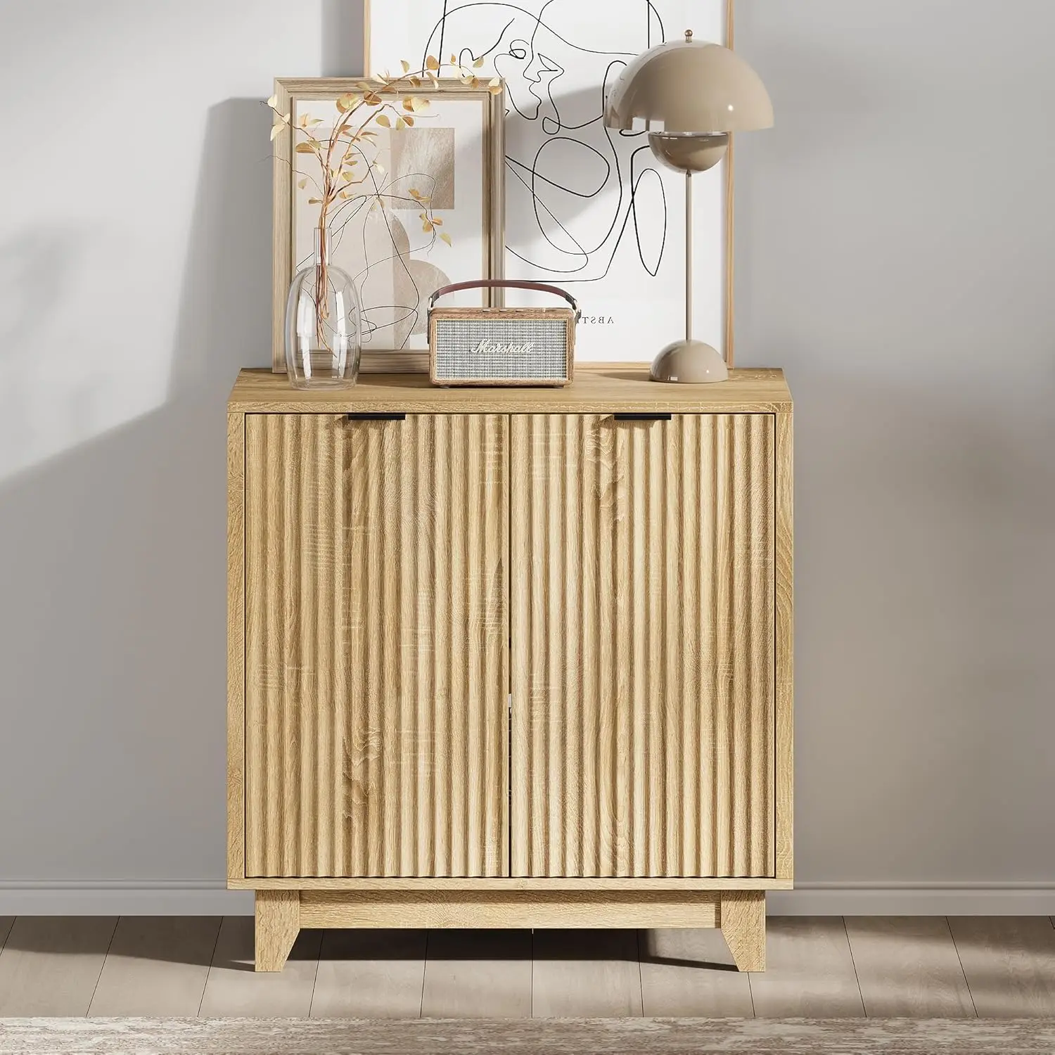 

Fluted Sideboard Buffet Cabinet Storage 31.5in 2-Door Credenza Kitchen Coffee Bar Dining Room Natural Wood Customized