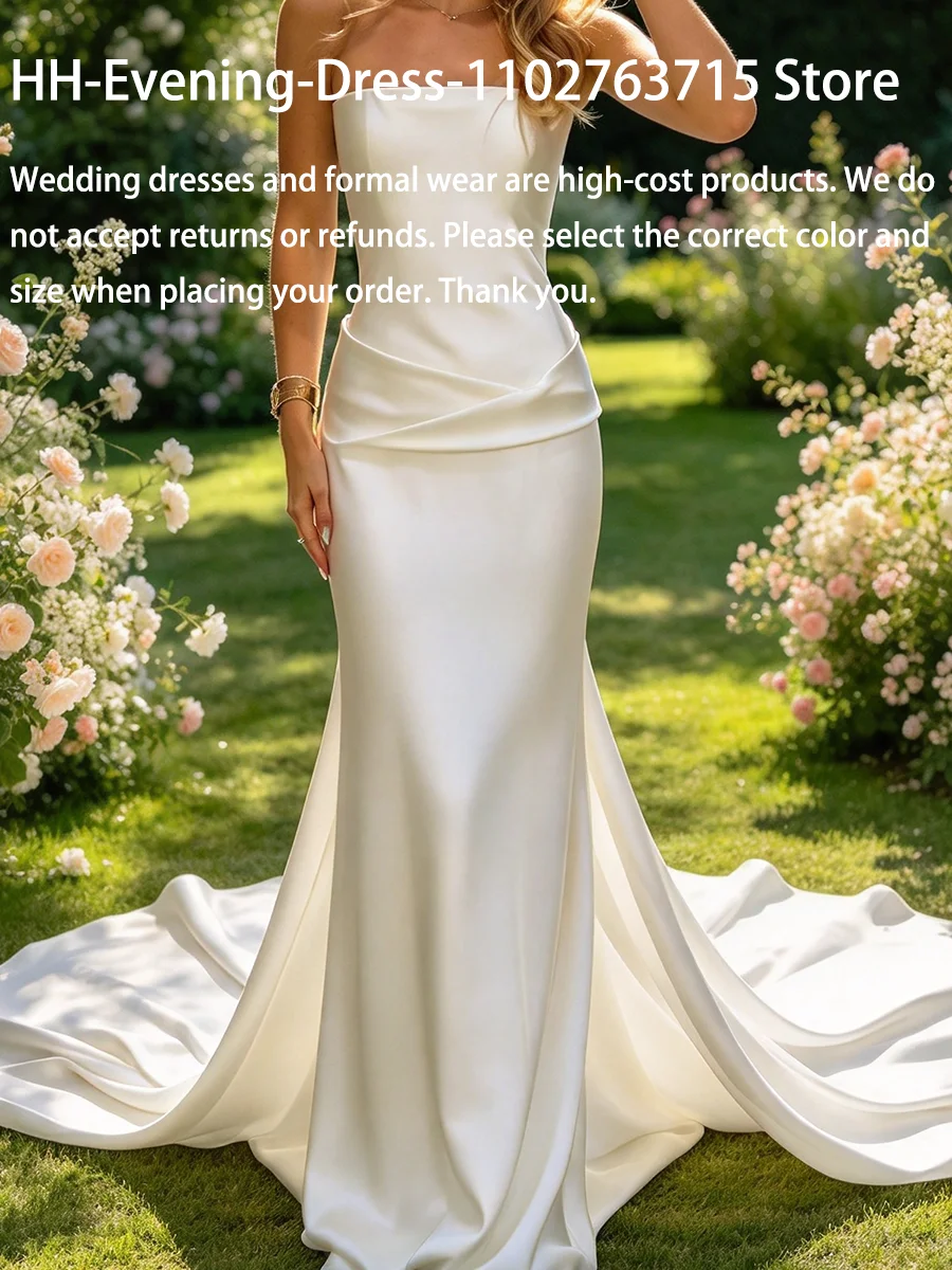 Classic Strapless Satin Sleeveless Ruched Straight Bride Wedding Dresses Bridal Gowns Customized