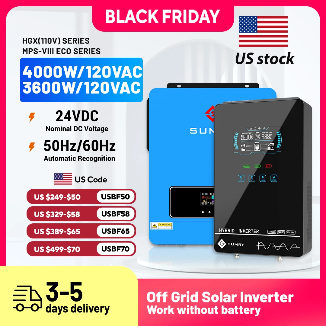Sumry 3.6/4kw Hybrid Solar Inverter 24v 110/120v Pure Sine Wave Inverter 50/60hz Short Circuit Protection Free Wifi Module